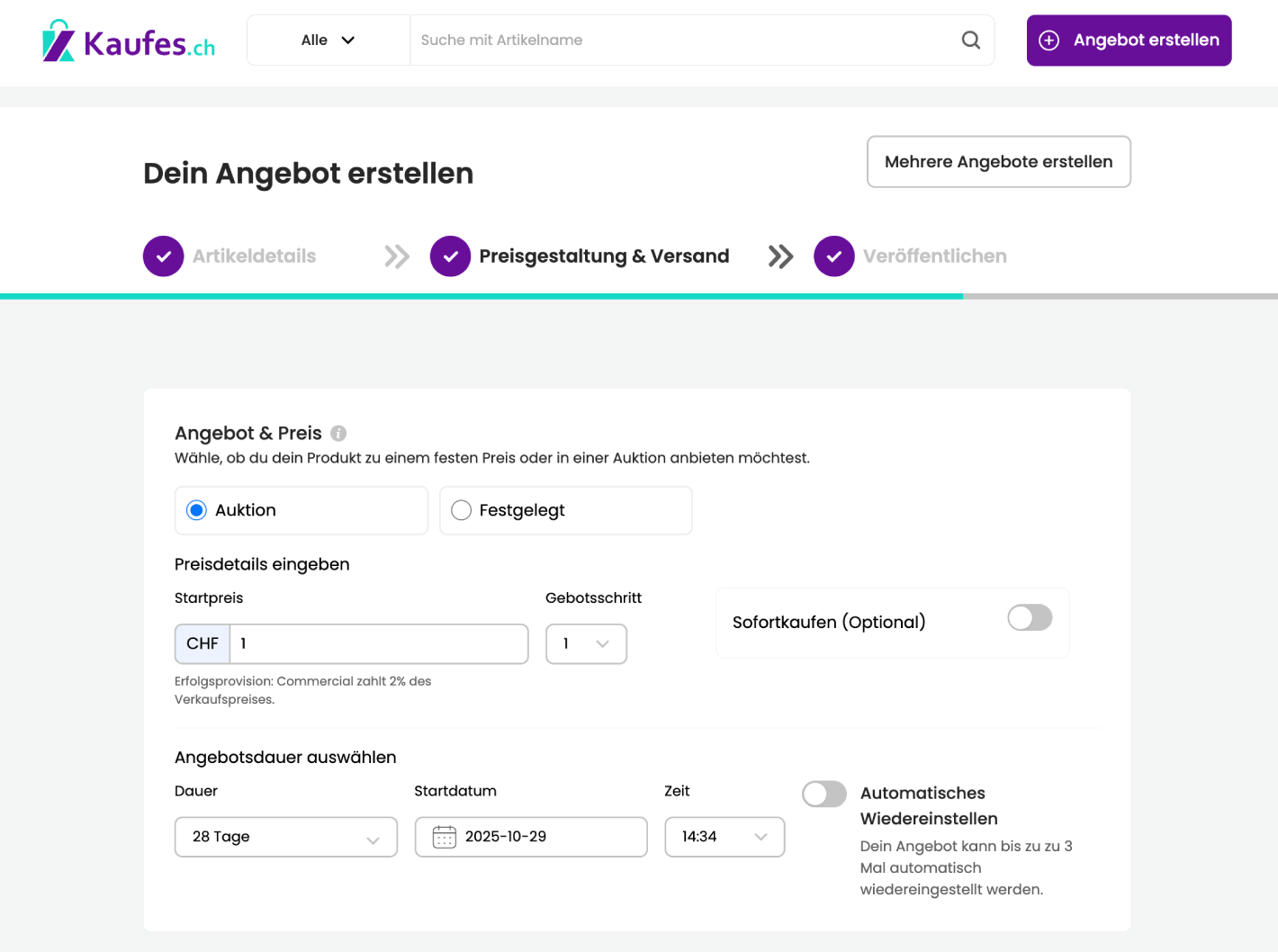 Preis für deinen Artikel